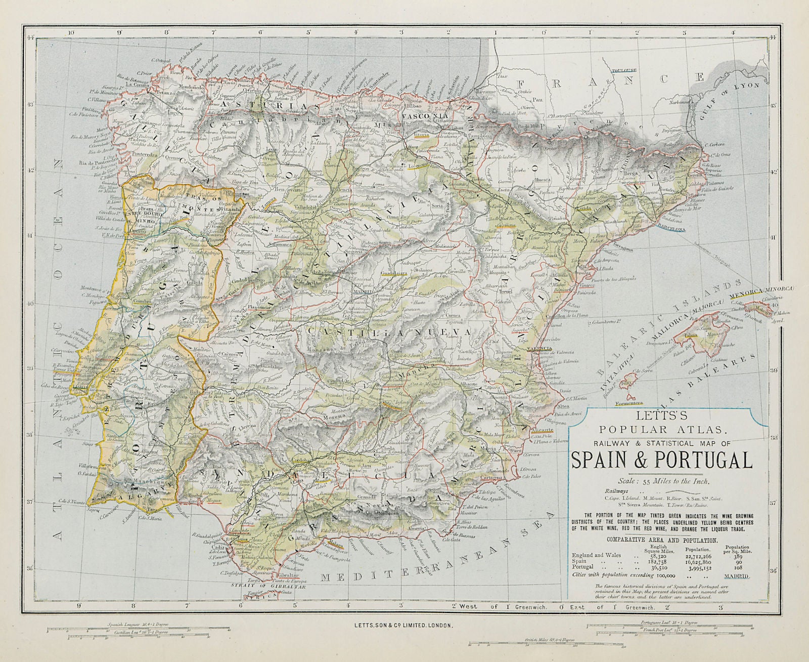 SPAIN & PORTUGAL. Red & white white & liqueur regions in green. LETTS 1884 map
